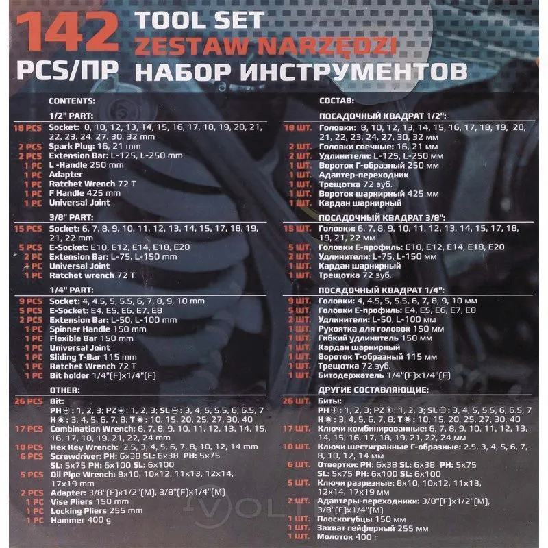 Набор инструментов 142пр. 1/4'', 3/8'', 1/2'' 6-гр. 4-32мм ForceKraft FK-41421-5 NEW
