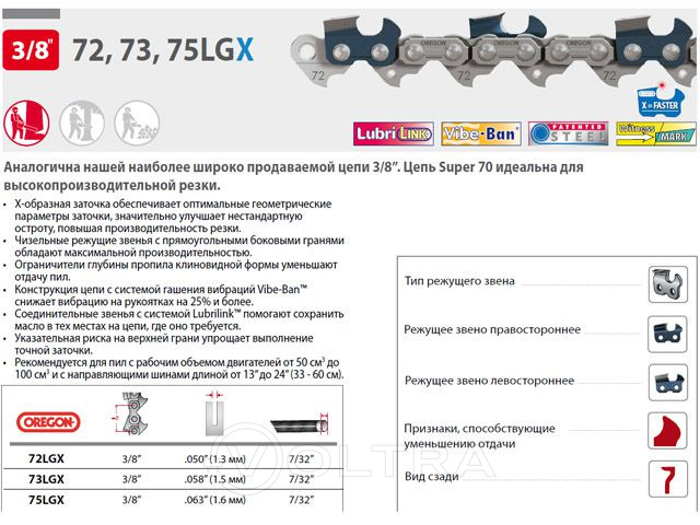 Цепь 50 см 20" 3/8" 1.5 мм 72 зв. 73LGX OREGON (затачиваются напильником 5.5 мм, для проф. интенсивного использования) (73LGX072E)