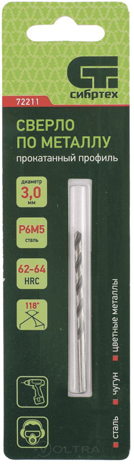 Сверло по металлу 3.0мм Р6М5 Сибртех (72211)