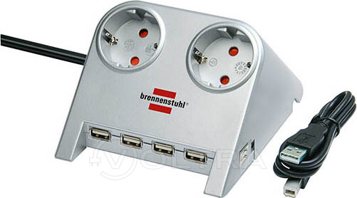 Удлинитель настол. 1.8м (2 роз., 4 USB порта, 3.3кВт, с/з, ПВС) сер. Brennenstuhl Desktop-Power-Plus (1153540122)