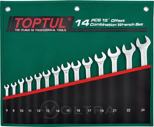 Набор ключей комбинир. 8-24 мм 15° Pro-Line 14 шт в сумке (цвет: зелёный) TOPTUL (GRAW1401)