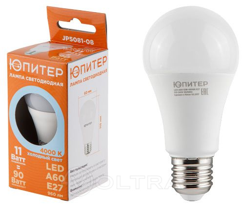 Лампа светодиодная A60 СТАНДАРТ 11 Вт 170-240В E27 4000К ЮПИТЕР (90 Вт аналог лампы накал., 960Лм, нейтральный белый свет) (JP5081-08)
