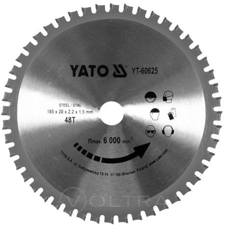 Диск пильный по стали 185/20 48Т с напаянными зубцами из твердых сплавов Yato YT-60625