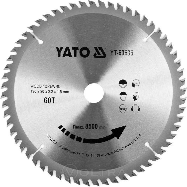 Диск пильный с напаянными зубцами из твердых сплавов 190х20х60T Yato YT-60636