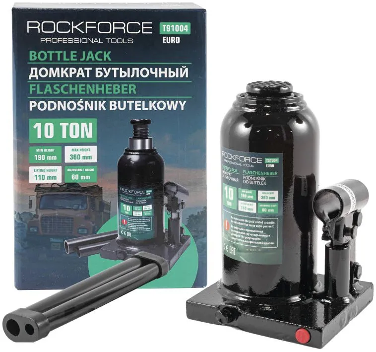 Домкрат бутылочный 10т с клапаном Rock Force RF-T91004(Euro)