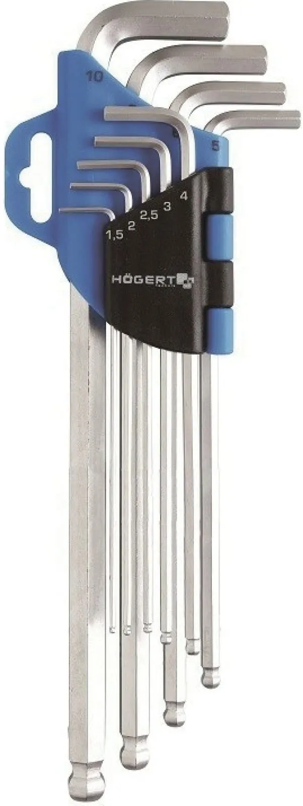 Набор шестигранных Г-образных удлиненных ключей с шаровым наконечником 1.5-10мм CrV HOEGERT HT1W808