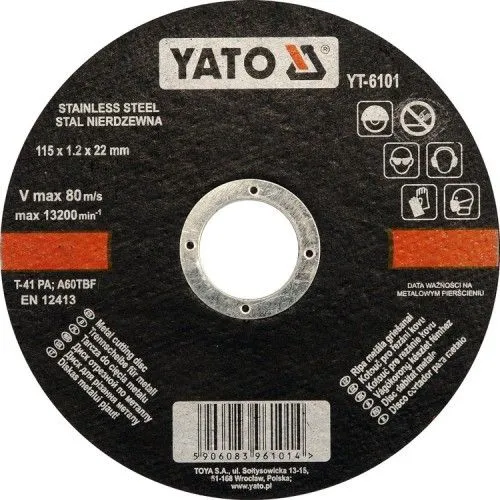 Круг отрезной по нержавеющей стали 115х1.2х22мм Yato YT-6101