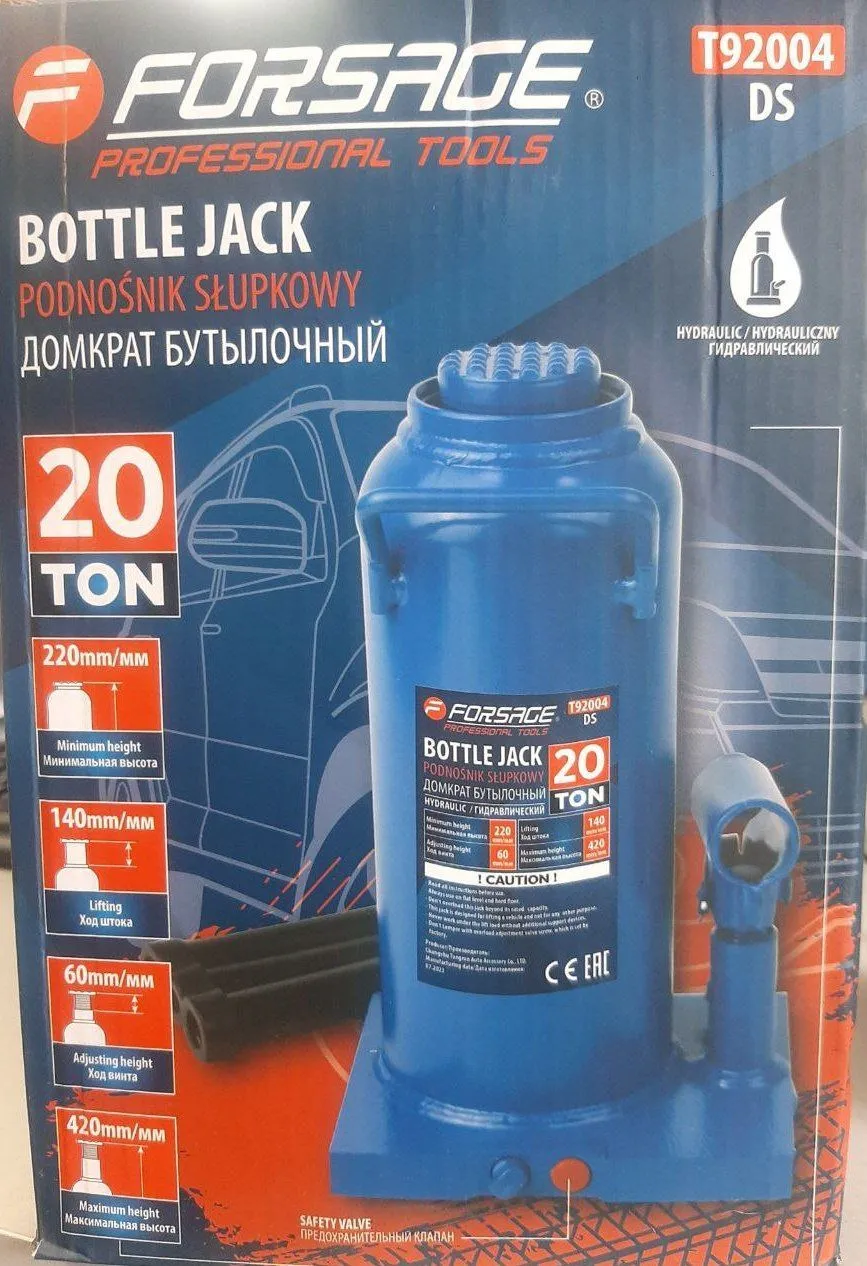Домкрат бутылочный гидравлический 20т с клапаном Forsage F-T92004(DS)