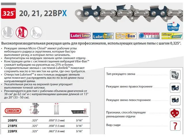 Цепь 45 см 18" 0.325" 1.5 мм 72 зв. 21BPX OREGON (затачиваются напильником 4.8 мм, для нерегулярн. интенсивного использования) (21BPX072E)