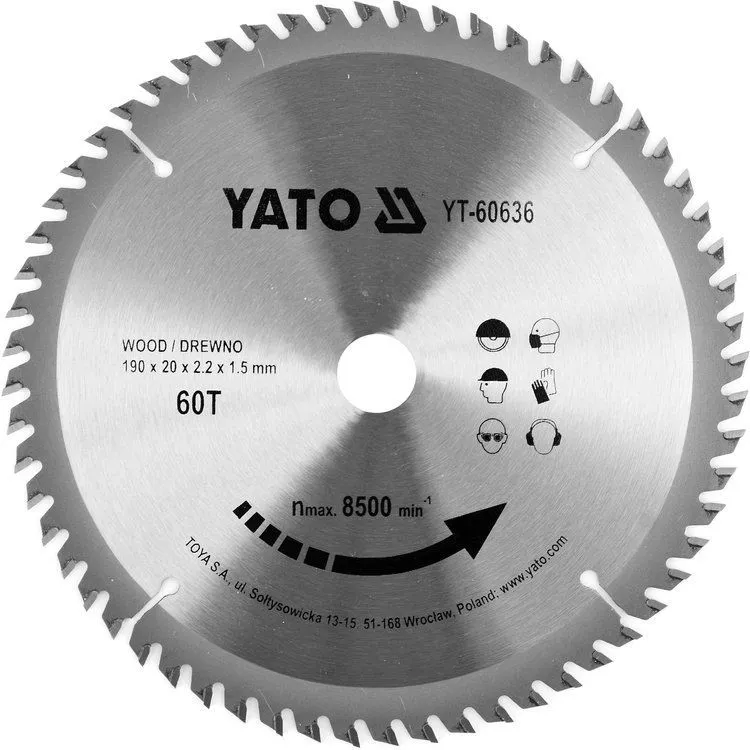 Диск пильный с напаянными зубцами из твердых сплавов 190х20х60T Yato YT-60636