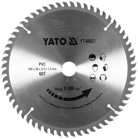 Диск пильный по ПВХ 185/20 60T с напаянными зубцами из твердых сплавов Yato YT-60627