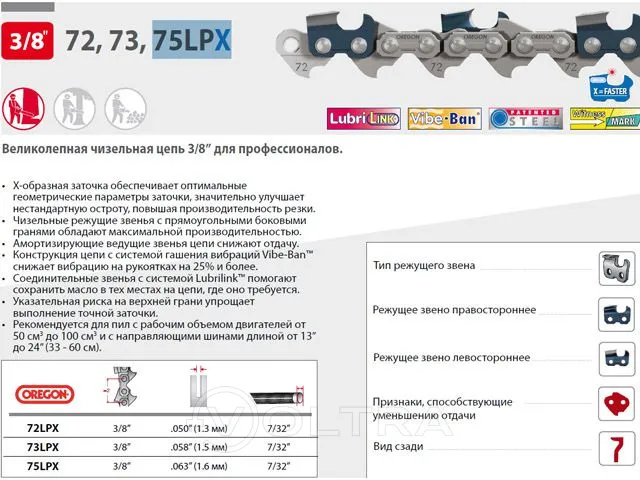 Цепь 40 см 16" 3/8" 1.6 мм 60 зв. 75LPX OREGON (затачиваются напильником 5.5 мм, для проф. интенсивного использования) (75LPX060E)