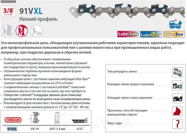 Цепь 40 см 16" 3/8" LP 1.3 мм 57 зв. 91VXL OREGON (затачиваются напильником 4.5 мм, для нерегулярн. интенсивного использования) (91VXL057E)